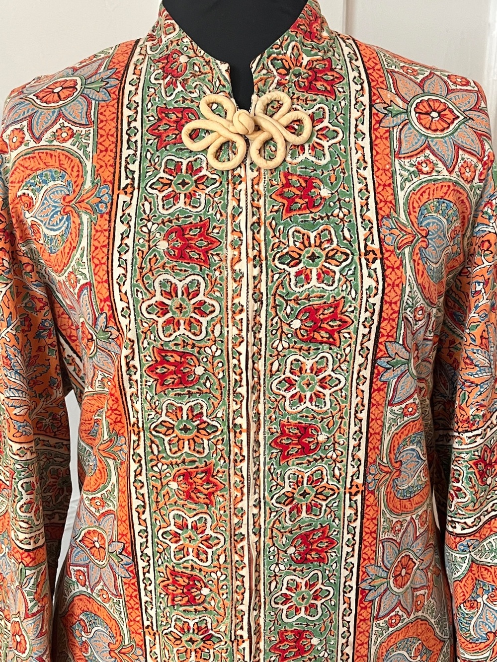 Vintage Maxi Caftan Robe Cotton Paisley Block Print 1970s Boho Hippie Kaftan - Picture 5 of 12